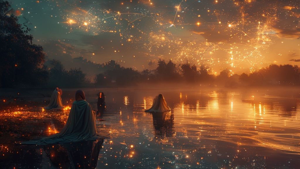 A luminous map of constellations shimmering over the Ganges River at dawn, reflecting cosmic light. Ethereal figures observe, cloaked in flowing silks. Mystic, cinematic, 4k.
