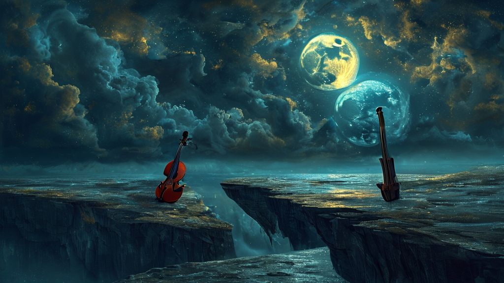 A luminous moon, veiled by swirling indigo clouds, casts shadows on a lone violin resting on a cliff edge. Its strings shimmer with captured anxieties; a sea of silver and gold.