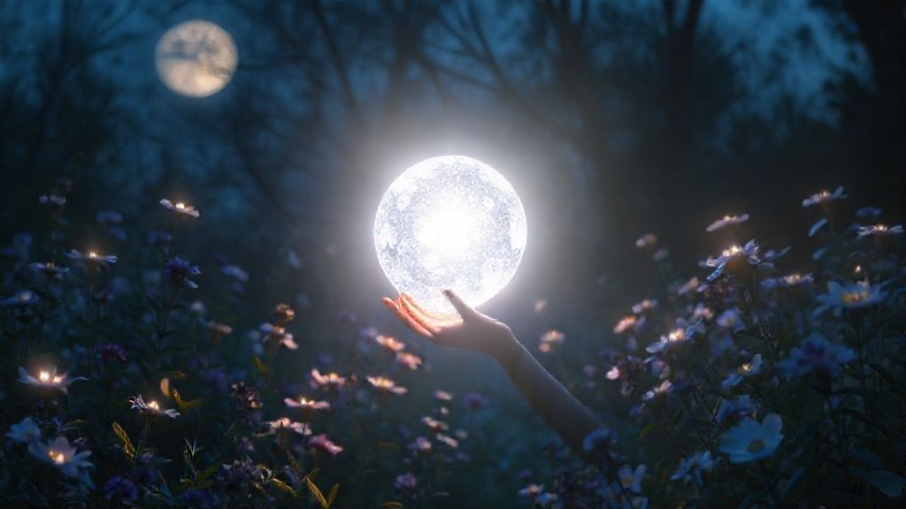 A luminous moonlit garden, silver light washes over a woman releasing a shimmering orb representing past patterns. Soft blues and purples. Affirmations bloom as glowing flowers.