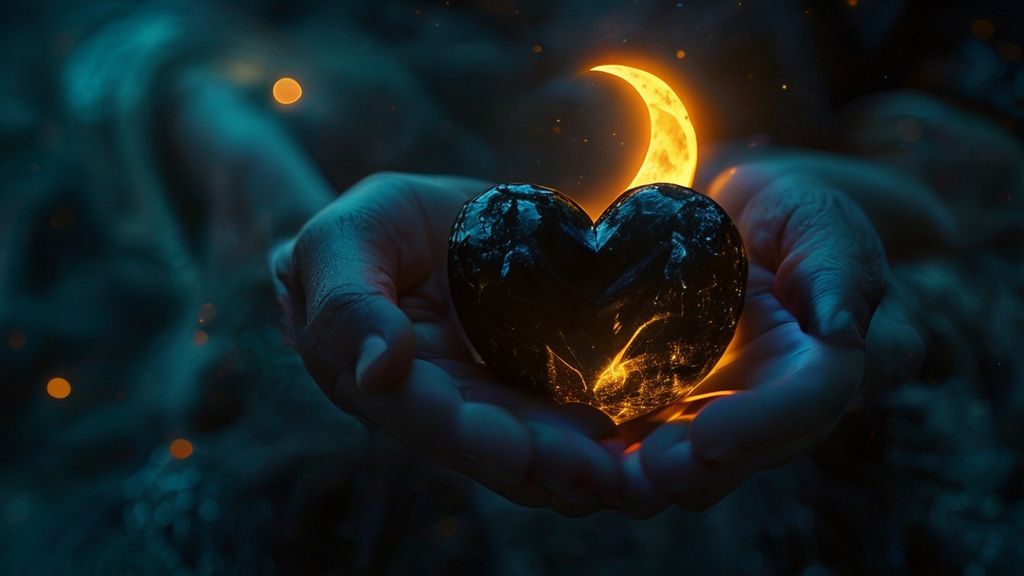 A luminous obsidian heart, cradled in hands, bathed in cool moonlight. Surrounding it: shadowy black tourmaline, a waning crescent moon glowing faintly above, symbolizing rest and release. Mystic, ethereal, 4k, cinematic.