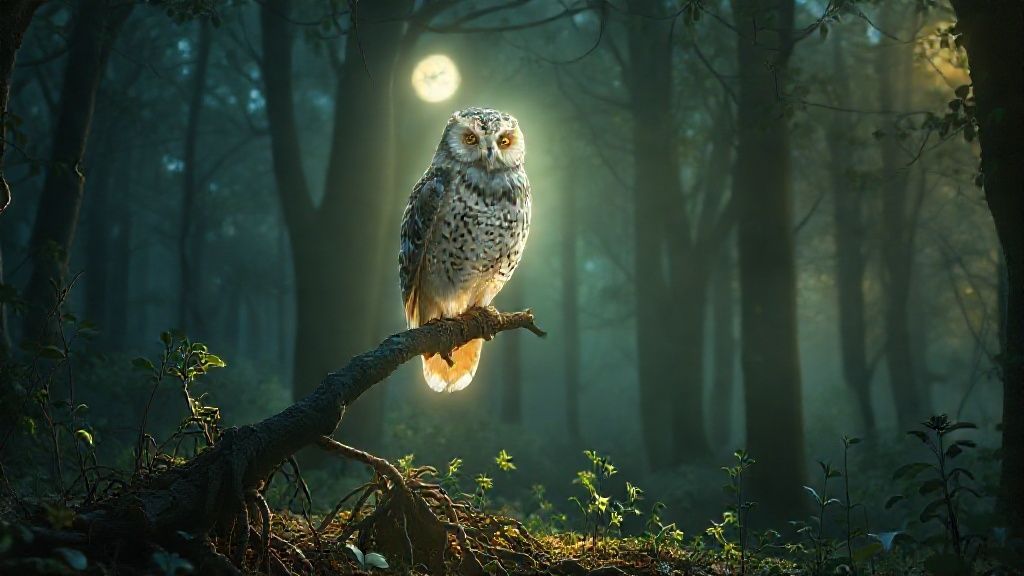 A luminous owl perched on a branch woven with moonlight. Forest floor bathed in soft, ethereal glow, showcasing grounding roots and healing herbs. Cinematic, 4k, mystic art.