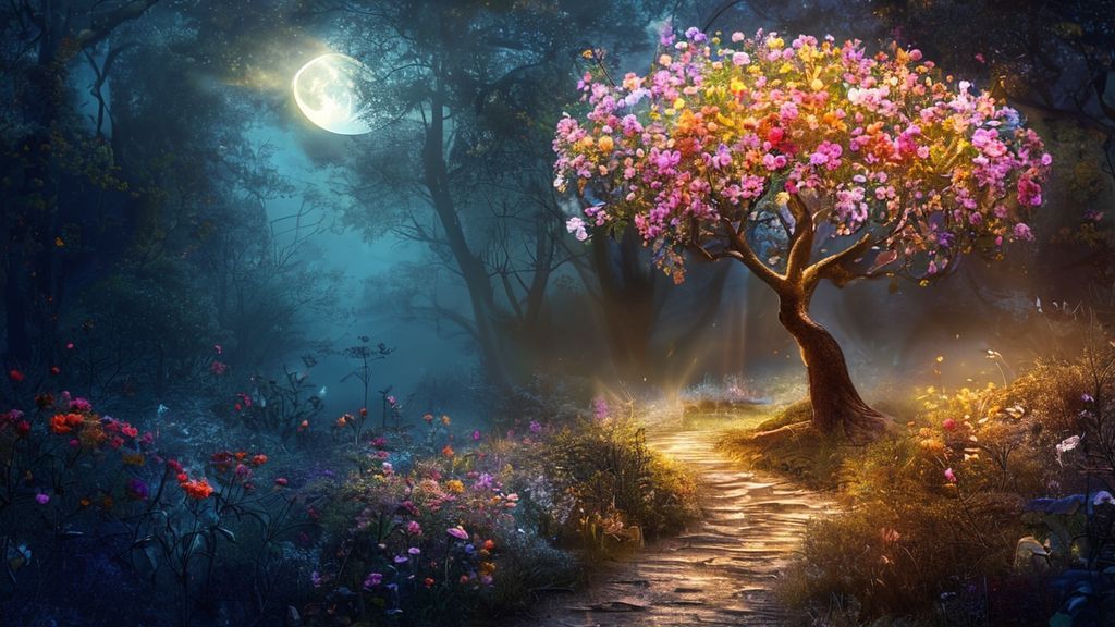 A luminous path winding through a moonlit forest. Light filters, creating an ethereal glow around a resilient tree bursting with vibrant flowers, symbolizing overcoming despair and finding inner strength.