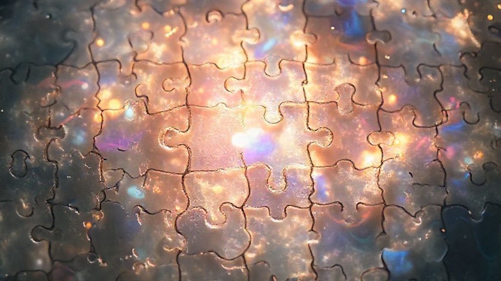 A luminous puzzle, its pieces translucent, reflecting fragmented memories. Light filters through, illuminating swirling colors of hope, compassion, and healing. Ethereal, mystic, cinematic 4k.