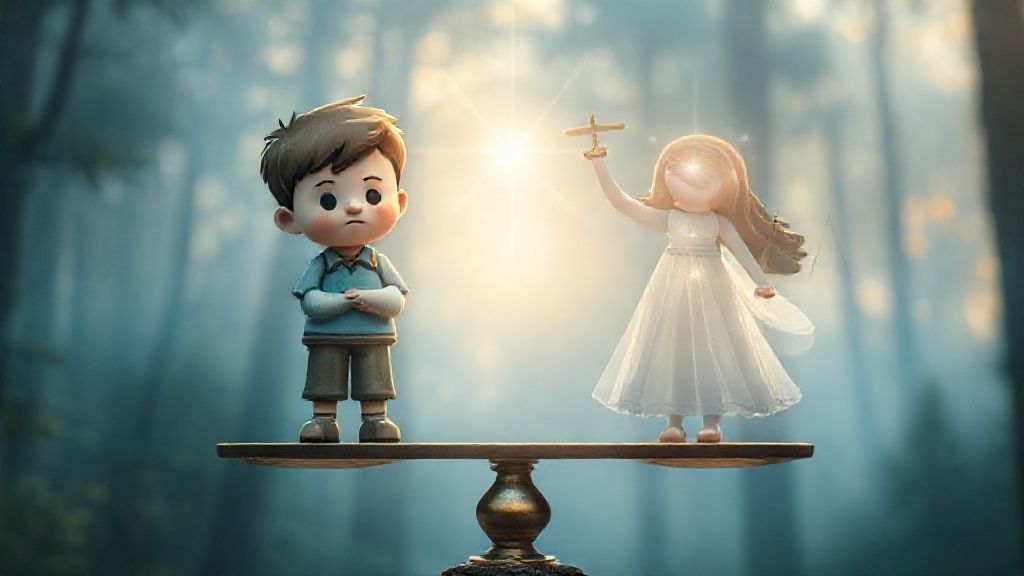 A luminous scale balances two figures: a skeptical boy and a girl bathed in ethereal light, representing trust and justice. Soft blues and golds, mystic forest background.