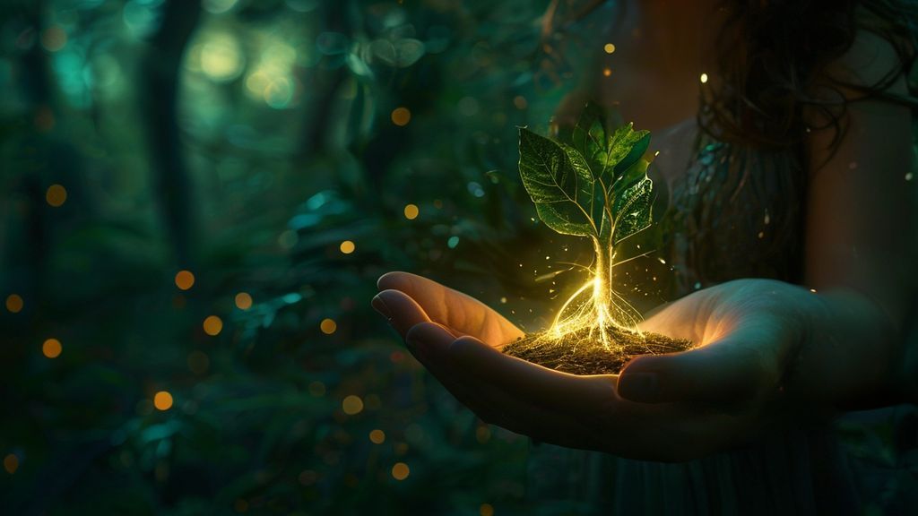 A luminous seed glows within a woman's cupped hands, roots reaching towards the earth. She's bathed in soft moonlight filtering through an ancient, whispering forest, emerald hues dominating. Mystical, ethereal, 4k.