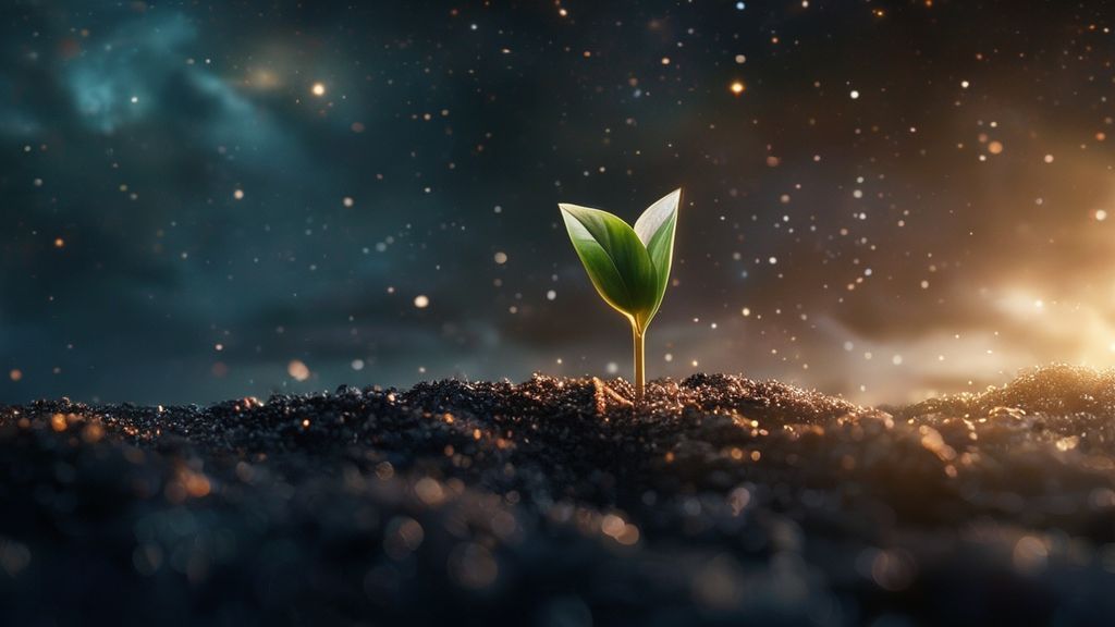 A luminous seed sprouting from a dark, velvet ground under a star-dusted sky. Soft, ethereal light bathes the scene, highlighting the delicate growth. 4k, cinematic, mystic.