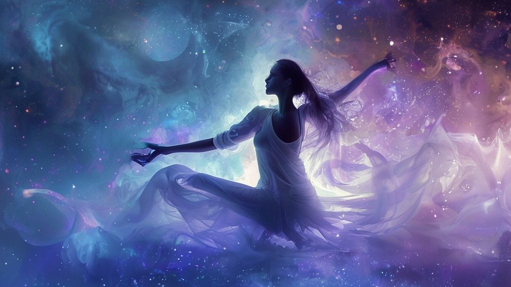 A luminous woman in flowing white, amidst soft moonlight, performs a grounded yoga flow. Ethereal light surrounds her, dissolving shadowy figures representing limiting beliefs. Cosmic blues and purples.