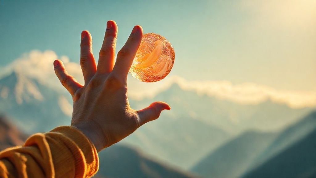 A luminous, Himalayan landscape. A child-like hand, bathed in warm light, reaches for a floating, oversized sour candy. Its surface shimmers, reflecting a swirling, anxious aura.