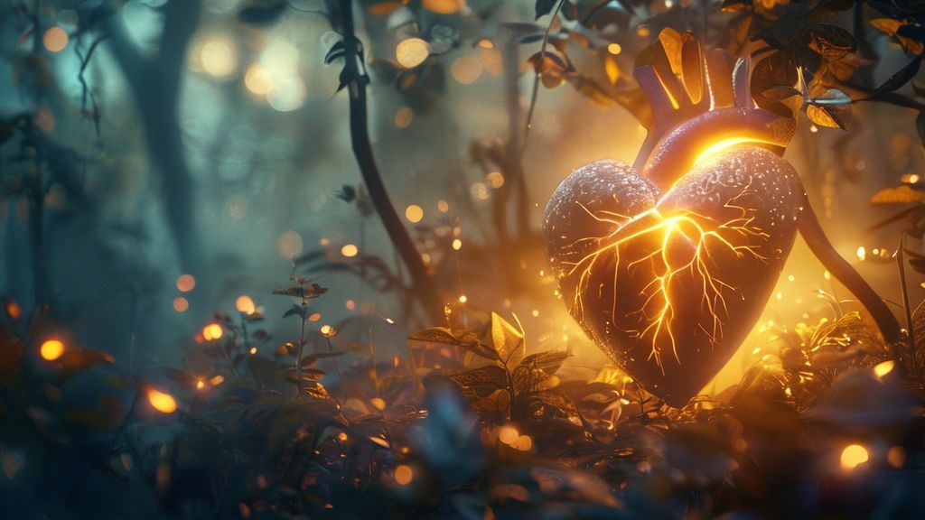 A luminous, bioluminescent heart, pulsing gently in a misty, ethereal forest clearing. Soft golden light filters through leaves, reflecting hope and healing. Mystic style, 4k.