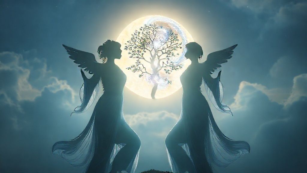A luminous, celestial Gemini twin silhouette, bathed in soft moonlight. One twin gestures towards an earthy, grounding tree pose, the other towards a swirling nebula, representing communication. Ethereal, flowing robes, calming blues and silvers.