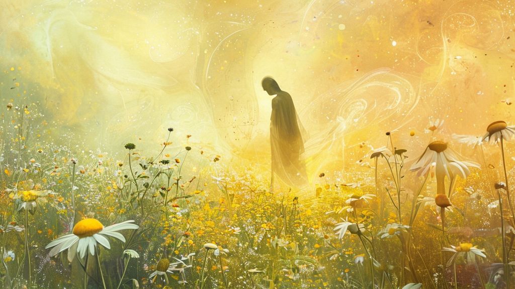 A luminous, celestial blueprint overlaid on a vibrant meadow. Soft, golden light bathes chamomile blossoms and a serene, shadowed figure, embodying vulnerability and strength. Ethereal, swirling nebulae hint at inner complexities.