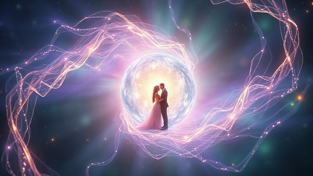 A luminous, celestial sphere interwoven with flowing threads of silver. Whispers of violet and emerald light dance around the sphere, illuminating two figures embracing in a warm, ethereal glow. Mystic, 4k, cinematic.