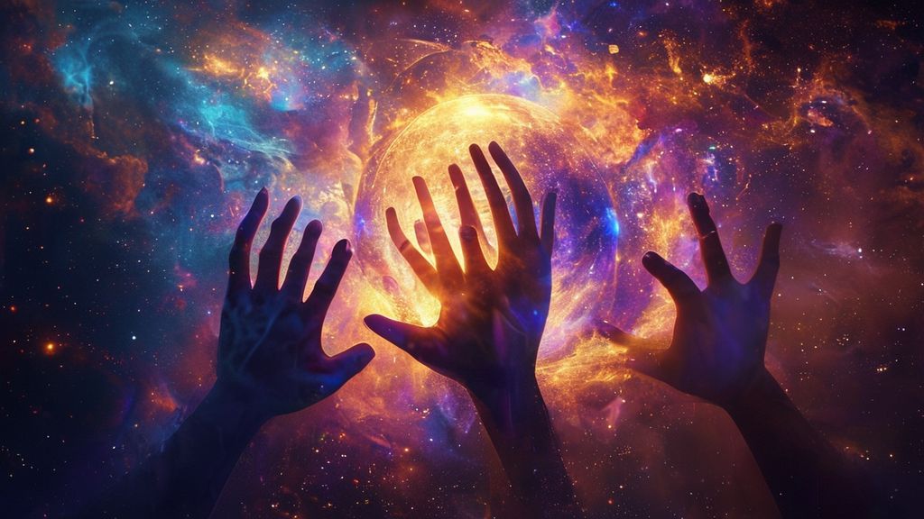 A luminous, celestial sphere radiating golden light. Silhouettes of hands reaching upwards, dissolving into swirling nebulae of deep blues and purples. A sense of peace and trust.