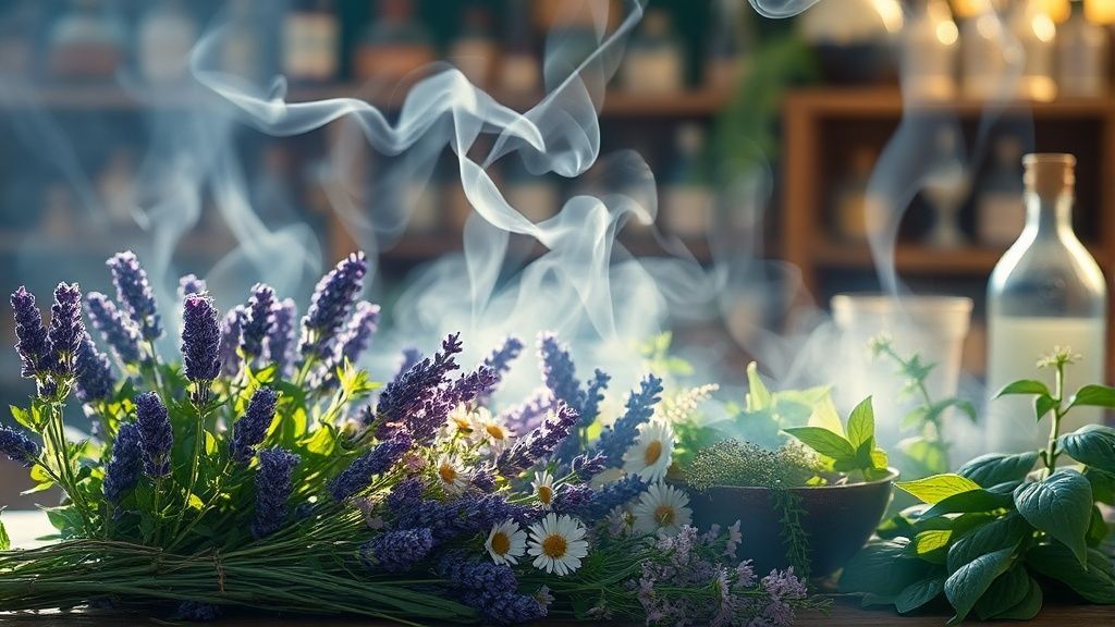 A luminous, dreamlike apothecary. Soft light bathes a table overflowing with herbs: lavender, chamomile, holy basil. Wisps of smoke curl, representing calm and resilience, with ethereal glow.