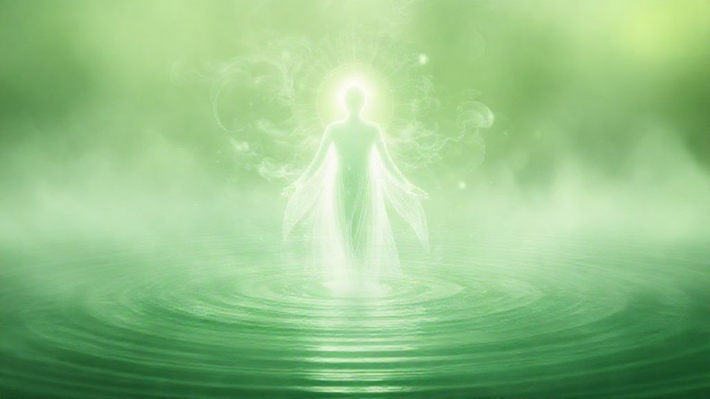 A luminous, ethereal figure bathed in soft, green-tinged light, exhales a swirling mist of eucalyptus and spearmint. Gentle ripples emanate, calming and clearing a mind's landscape.