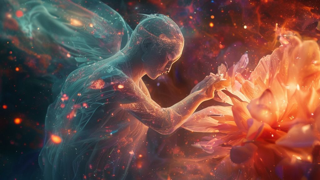A luminous, ethereal figure, composed of softly glowing light, gently mends a shattered, blooming flower within a vibrant, swirling nebula. Cinematic lighting, mystic style. 4k.