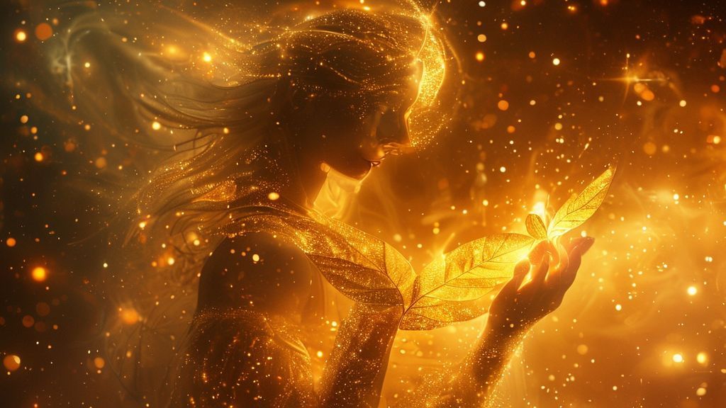 A luminous, ethereal figure, half-formed from swirling stardust, holds a glowing Ashwagandha leaf. Warm, golden light bathes the scene, illuminating astrological constellations.