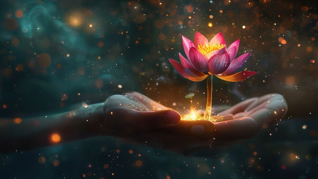 A luminous, ethereal hand cupping a glowing seed. Cosmic dust swirls, emanating soft light. The seed blossoms into a vibrant, blossoming lotus flower, floating in a dark, star-filled void. 4k, cinematic.