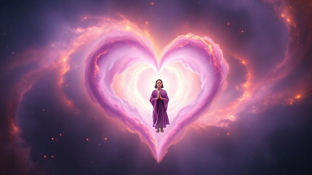 A luminous heart-shaped nebula, swirling with lavender and gold, gently cradling a miniature, serene figure in flowing robes. Cinematic lighting, soft focus, embodying mindfulness, self-compassion, and connection.