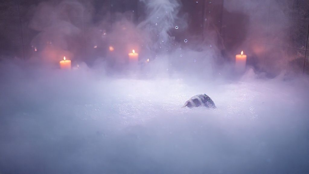 A luminous, lavender-hued bath overflowing with steam. Soft light bathes a figure submerged, haloed by flickering candlelight and floating essential oil droplets. Mystic, ethereal, 4k.