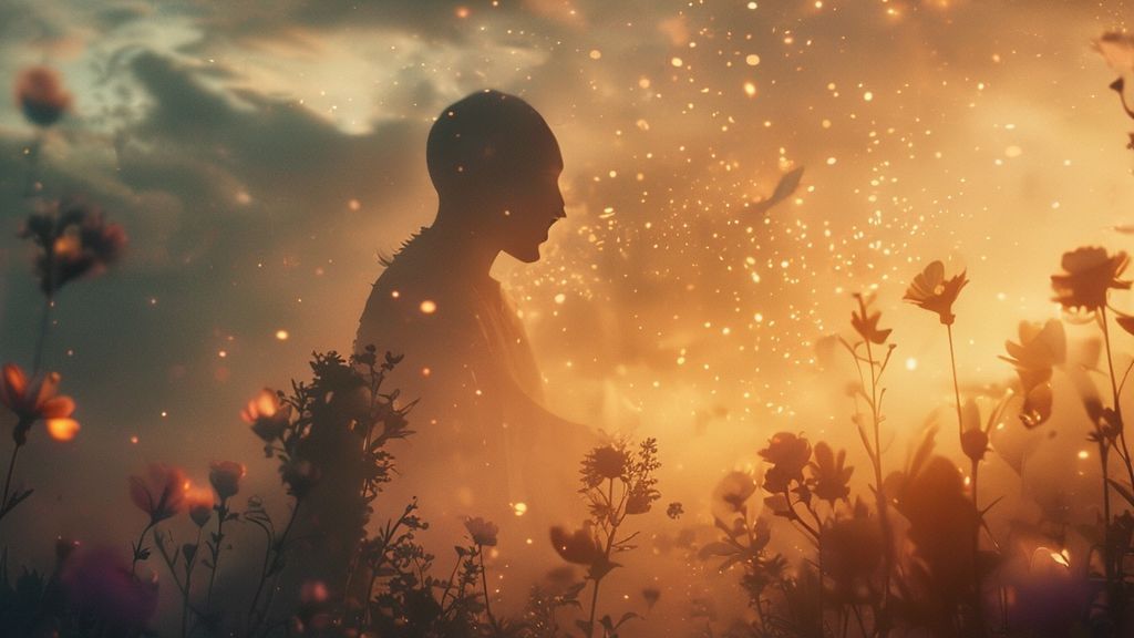 A luminous, misty figure releasing embers of paper into a twilight sky. Soft, golden light bathes a serene silhouette, surrounded by blooming, ethereal flowers. Mystical, dreamlike, cinematic.