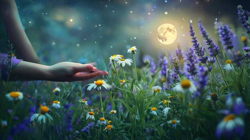 A luminous, moonlit garden. Glowing chamomile and lavender bloom, reaching for a soft, celestial light. A solitary, nurturing hand gently tends to the plants, creating a haven of calm.