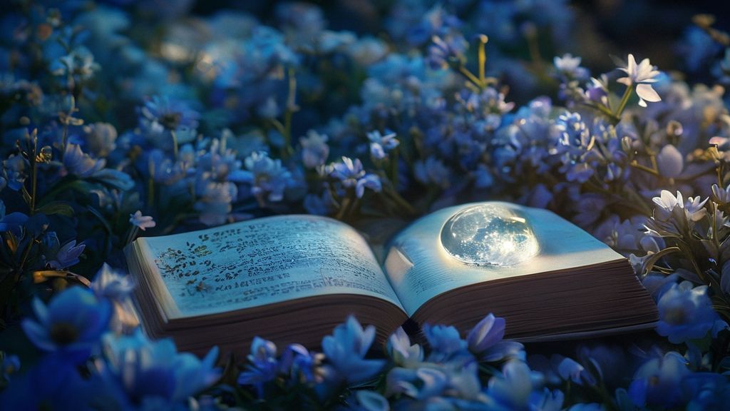A luminous, moonlit journal rests open on a bed of blooming night-blooming flowers. Soft, ethereal light bathes the scene in indigo and silver, hinting at whispered intentions and unseen growth.
