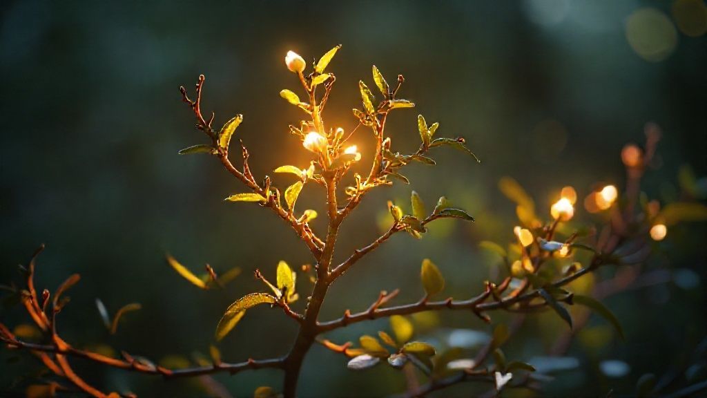 A luminous, otherworldly plant slowly unfurls. Pruned branches glow with inner light, shedding outdated ideas as healthy, vibrant foliage blooms. Mystic, ethereal, 4k, cinematic lighting.
