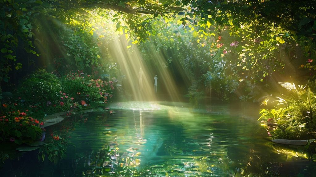 A luminous, overgrown garden bursting with life. Sunlight streams through leaves, illuminating a central, calm pool reflecting a serene, ethereal figure, embodying inner peace. Soft greens, blues, and gold.