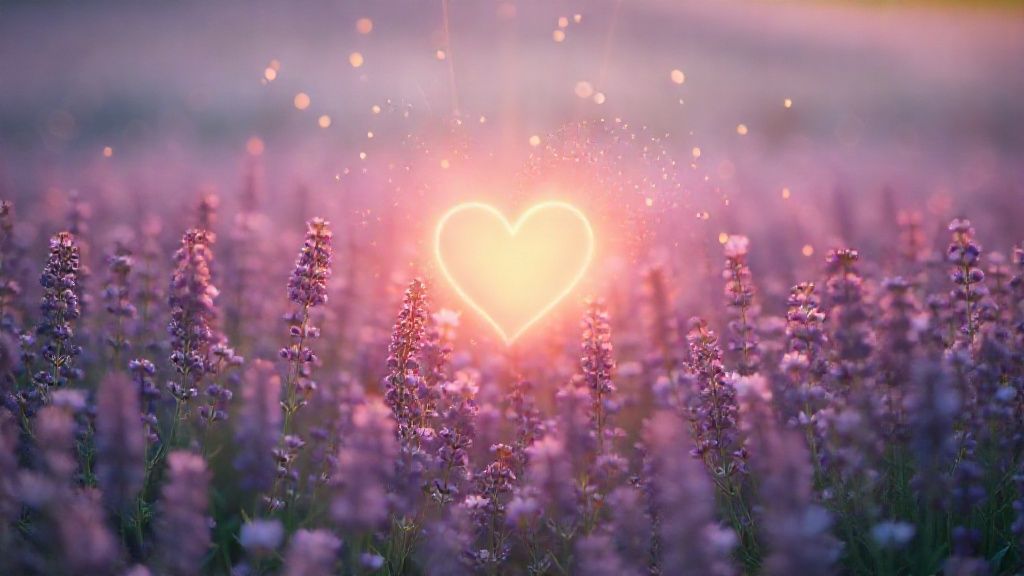 A luminous, soft-lit field of lavender blossoms. Wisps of golden light dance around a central, glowing heart, symbolizing forgiveness. Ethereal, gentle colors, cinematic.
