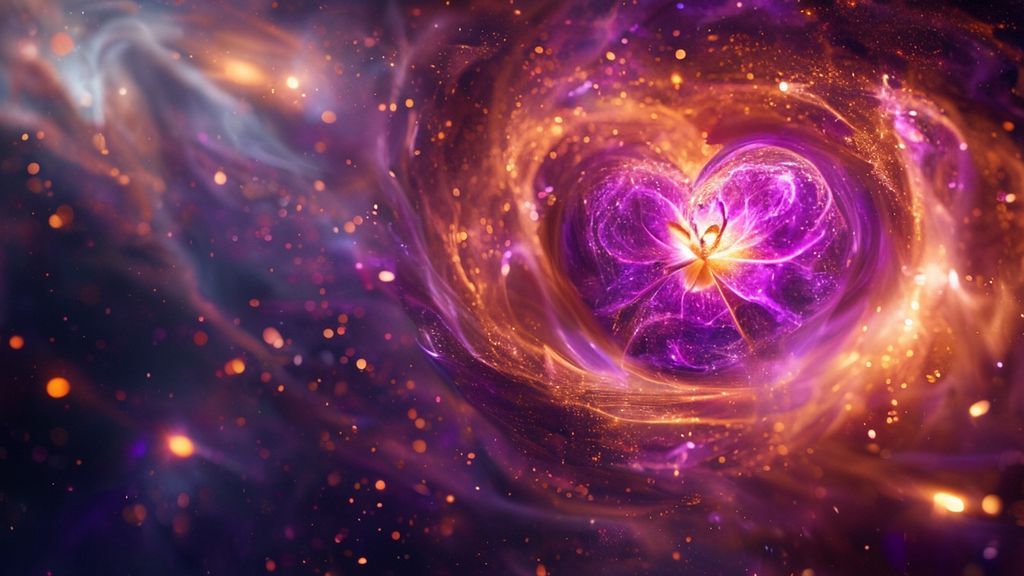 A luminous, swirling nebula heart, vibrant amethyst and gold, cradles a blooming seed. Light cascades, illuminating intentions, whispered dreams taking root in the cosmos. Mystic, ethereal, 4k, cinematic.
