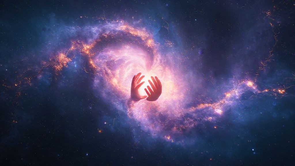 A luminous, swirling nebula in deep blues and purples, interwoven with threads of golden light. Two hands, barely visible, reach towards each other from within the nebula's heart. Cinematic lighting, ethereal style.