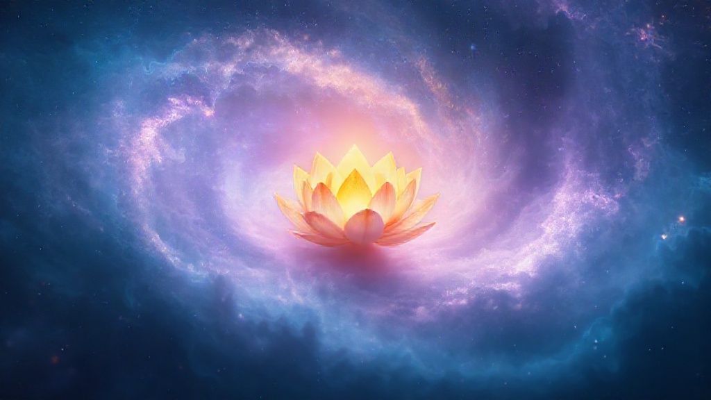 A luminous, swirling nebula of blues and purples. Within, a single, golden, blossoming lotus flower, radiating warmth. Cinematic lighting, ethereal glow, 4k, mystic.