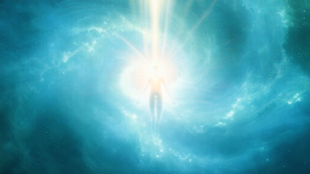 A luminous, swirling nebula of calming blues and greens. Light rays cascade onto a central figure, a delicate, glowing human form, slowly exhaling. Focus on inner calm and replenishment.