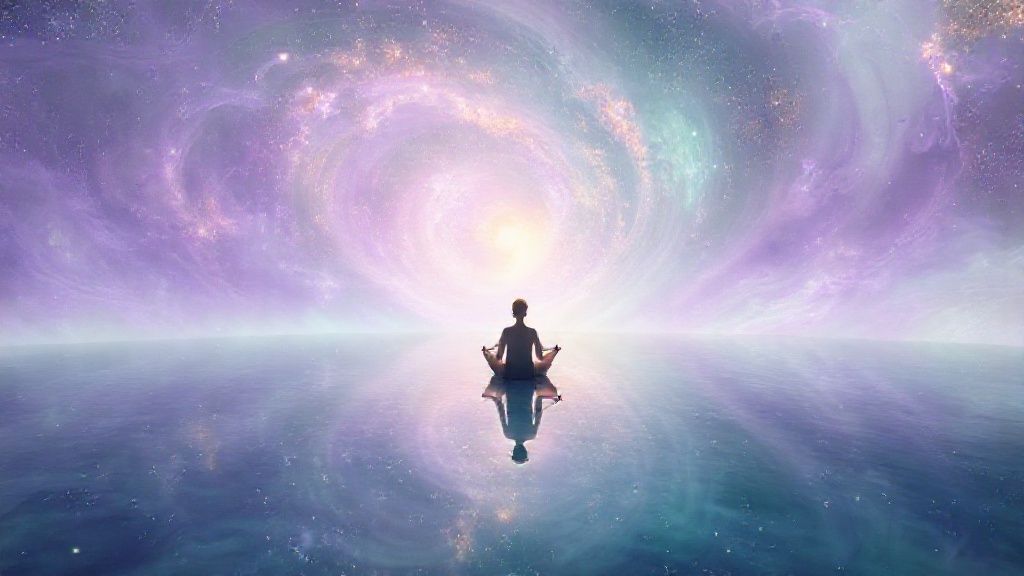 A luminous, swirling nebula of calming lavender and emerald hues. Within, a reflective pool mirrors a serene figure meditating, bathed in soft, golden light. Whispers of stardust gently cascade.