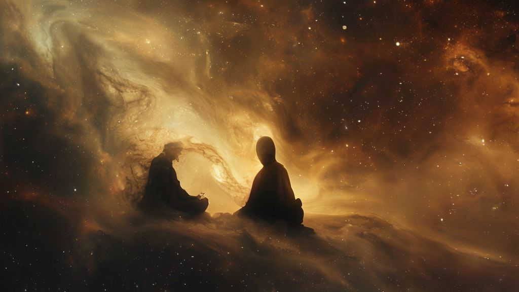 A luminous, swirling nebula of cosmic dust. Silhouetted against it, a figure in flowing robes sits in deep meditation, bathed in soft, retrograde light.