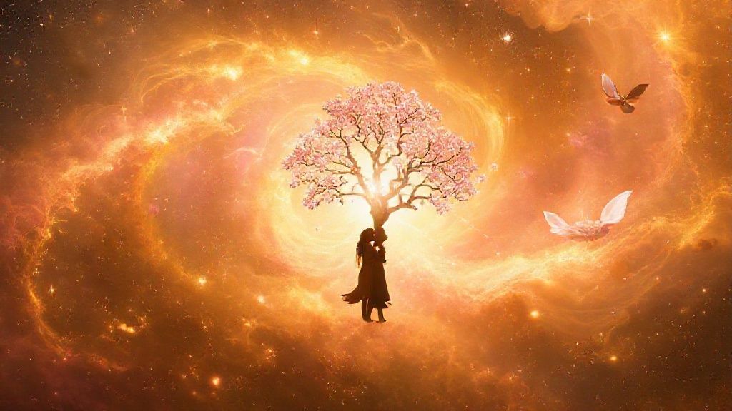 A luminous, swirling nebula of gold and rose hues, punctuated by shimmering stars. Silhouettes of two figures embracing, with streams of light connecting to a blossoming tree and a floating gavel.