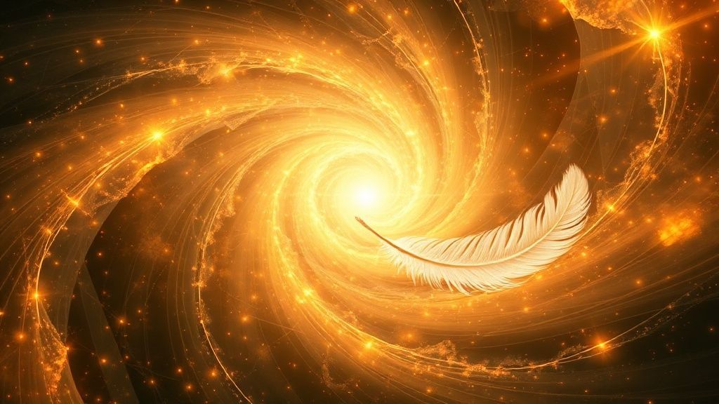 A luminous, swirling nebula of interwoven threads dissolving into golden light. A celestial messenger's feather, shimmering, drifts from the heart of the vortex, signifying reflection and release.
