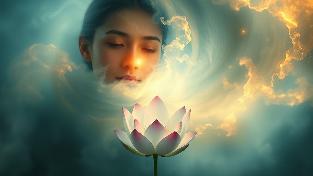A luminous, swirling nebula partially obscures a serene figure. Light fractures through the nebula, revealing glimpses of a grounded, blossoming lotus flower below. Cinematic lighting, ethereal blues and golds.