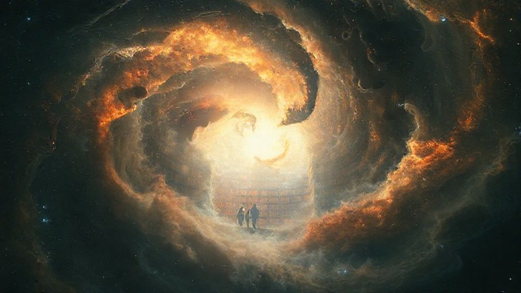 A luminous, swirling nebula revealing a hidden, ancient library within. Light fractures the cosmos, illuminating half-visible figures navigating shadowy shelves, reflecting internal journeys. Ethereal, dreamlike, cinematic.