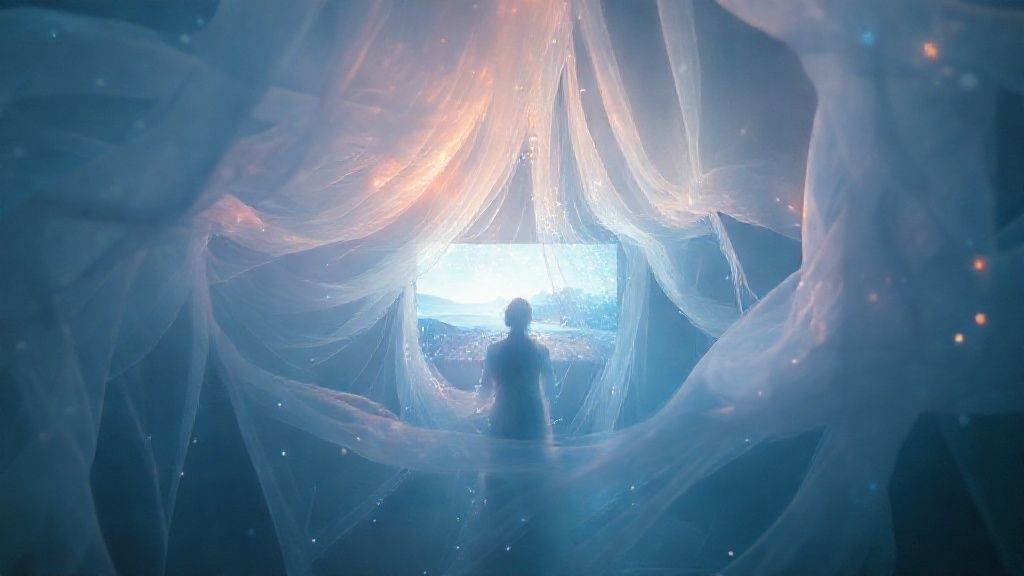 A luminous, swirling veil, pierced by fragmented, shimmering light. Within the veil, a translucent figure observing a rapidly dissolving movie screen, reflecting an inner landscape. Soft pastels and deep blues. Mystic, ethereal, 4k.
