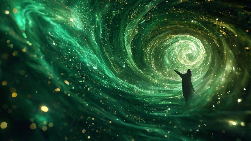 A luminous, swirling vortex of emerald leaves and starlight. A solitary figure, cloaked in shadows, reaching towards the light. Soft focus, mystic realism, reflecting inner balance, 4k.