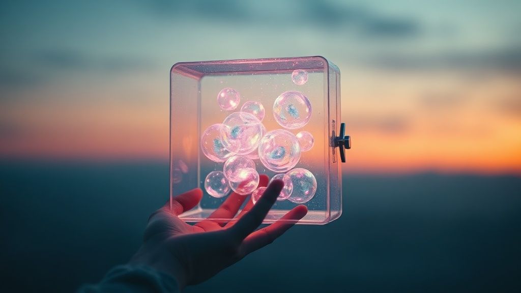 A luminous, translucent lockbox floats in a soft, twilight glow. Within, fragmented, swirling orbs of memory, each a different pastel hue. A single, delicate hand reaches towards it. Mystic, ethereal, 4k, cinematic lighting.