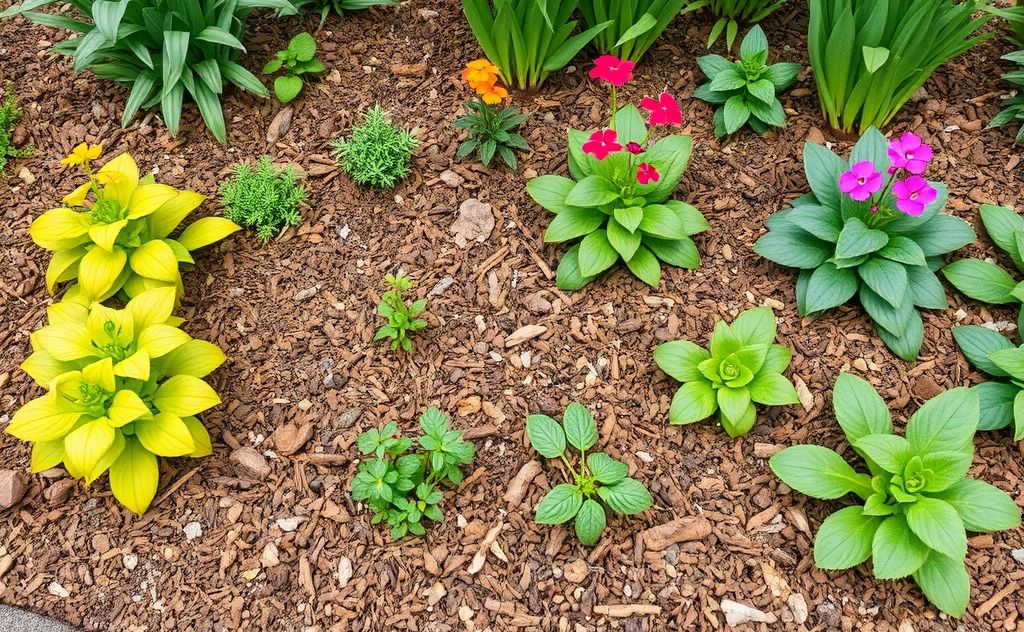 A lush garden bed covered with organic mulch and vibrant plants.