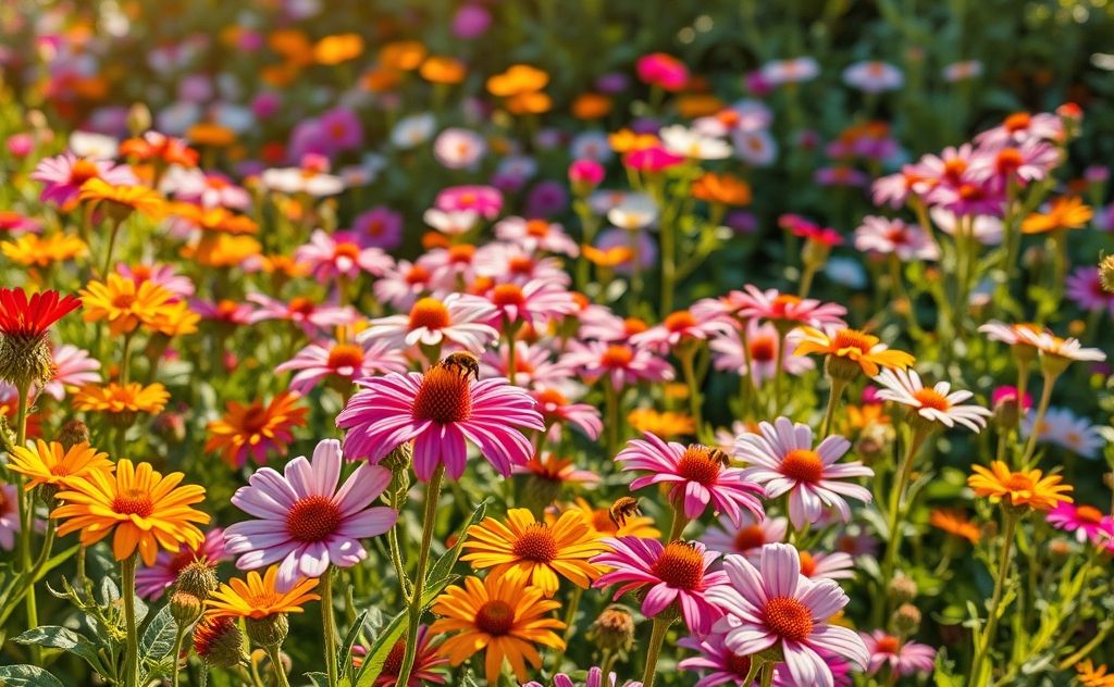 A lush garden filled with vibrant flowers and bees buzzing around.