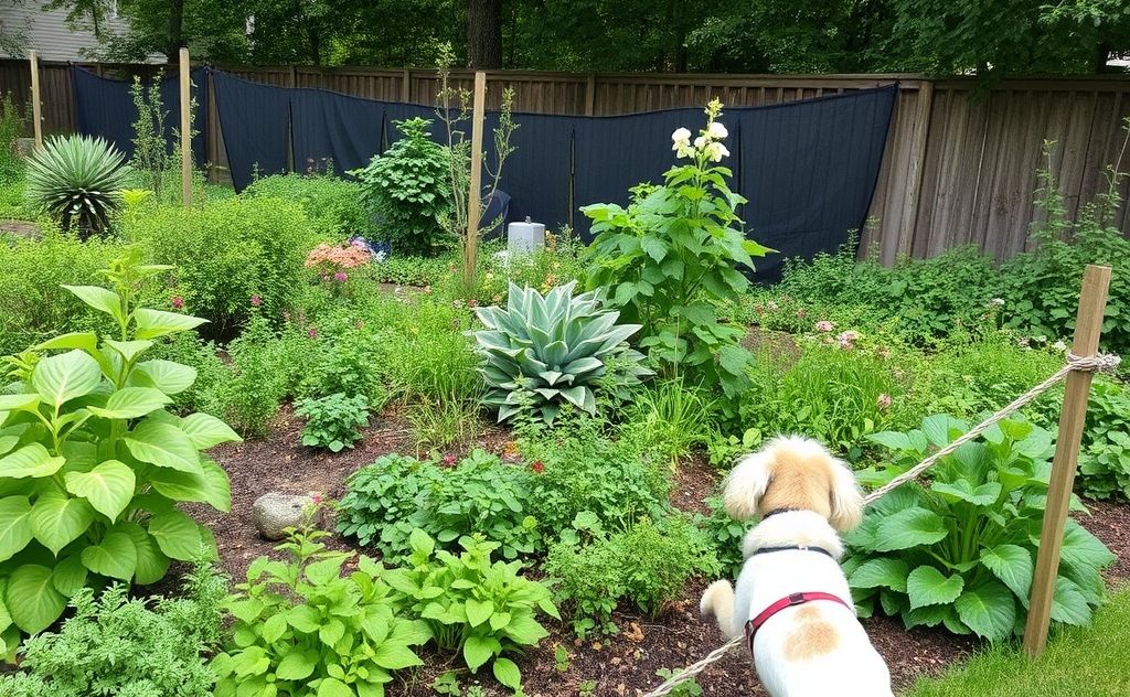 A lush garden with barriers protecting plants from curious pets.