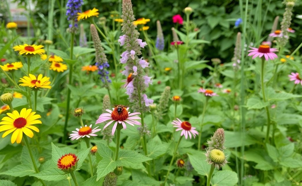 A lush garden with beneficial insects and plants for pest control.