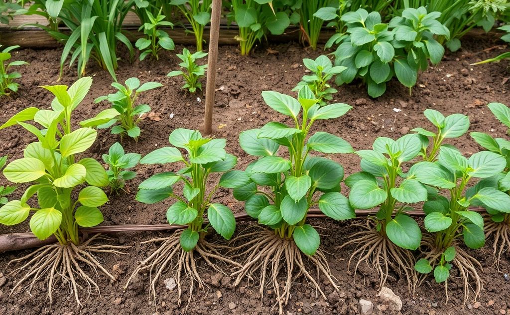 A lush garden with deep-rooted plants thriving in rich soil.