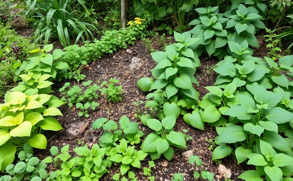 A lush garden with diverse plants and a compost system thriving together.
