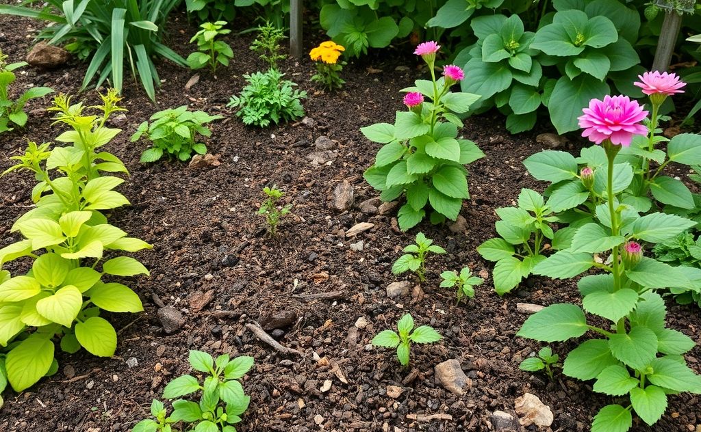 A lush garden with natural compost and vibrant plants thriving.